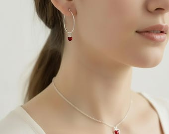 Sterling Silver Dainty Jewelry Set - Red Heart Necklace and Charm Hoop Earrings