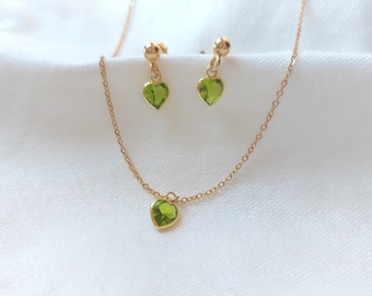 Peridot jewelry set , gold filled heart earrings and necklace , green peridot gemstone, dainty minimalist jewelry