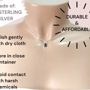 May include: A silver necklace with a small, square pendant. The necklace is made of 925 sterling silver and is described as durable and affordable. The image includes care instructions: polish gently with a dry cloth, store in a close container, and avoid contact with harsh chemicals.