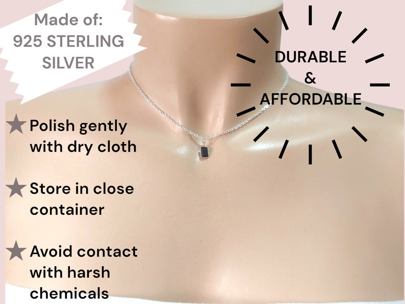 May include: A silver necklace with a small, square pendant. The necklace is made of 925 sterling silver and is described as durable and affordable. The image includes care instructions: polish gently with a dry cloth, store in a close container, and avoid contact with harsh chemicals.