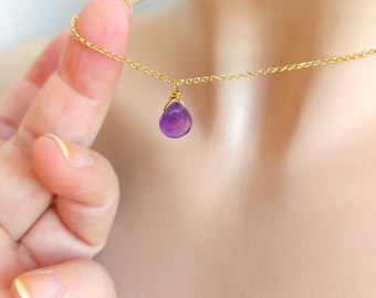 Authentic Amethyst crystal necklace, gold filled chain, amethyst teardrop pendant, delicate dainty necklace for women