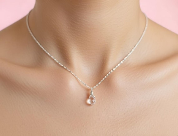 Crystal quartz - Sterling Silver dainty necklace - Semiprecious stone - gemstone charm - simple