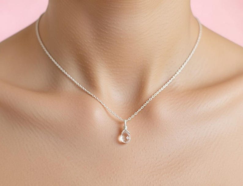 Crystal quartz - Sterling Silver dainty necklace - Semiprecious stone - gemstone charm - simple image 1