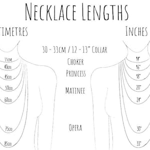 May include: A black and white infographic titled NECKLACE LENGTHS showing two outlines of a neck and chest. The left side displays measurements in centimeters from 35cm to 85cm. The right side displays measurements in inches from 14" to 33".