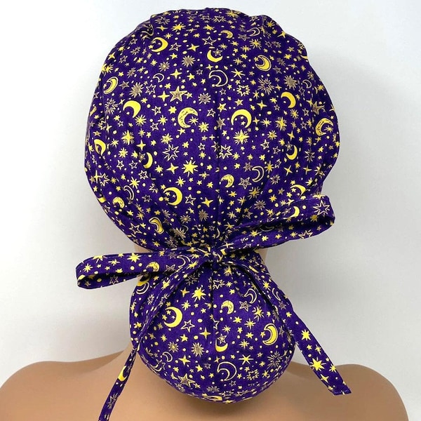 No Tariff (US/CA) - Ponytail Scrub Cap - Half Moon and Stars - Purple - Scrub Cap/Hat - MimiScrubHats