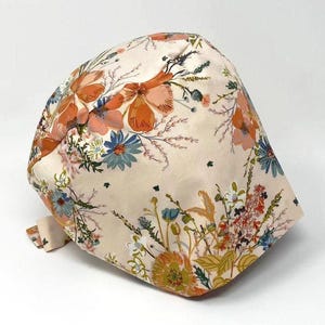 No Tariff (US/CA) - Scrub Cap - Prairie Wild Flowers on Peach - Floral Pixie for Women - MimiScrubHats