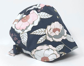 Large Pink Floral with Rose Gold Prints on Grey - Floral Pixie for Women - Women/Men Scrub Cap Surgical Hat - MimiScrubHats
