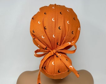 Ponytail Scrub Cap/ Scrub Hat - Half Moon On Orange  - Women Scrub Cap Surgical Hat - MimiScrubHats