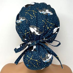 No Tariff (US/CA) - Ponytail Scrub Cap - Celestial Whales *Gold Metallic Print* - Scrub Cap/Hat - MimiScrubHats