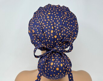 Ponytail Scrub Cap/ Scrub Hat - Painted Petals - Navy - Women Scrub Cap Surgical Hat - MimiScrubHats