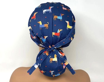 No Tariff (US/CA) - Ponytail Scrub Cap - Colorful Dachshund on Navy - Scrub Cap/Hat - MimiScrubHats