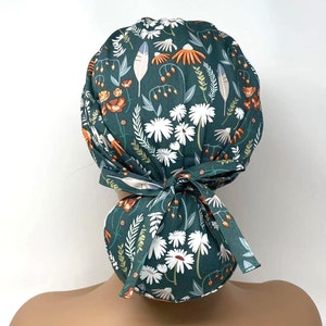 Ponytail Scrub Cap/ Scrub Hat - Floral and Feather - Women Scrub Cap Surgical Hat - MimiScrubHats