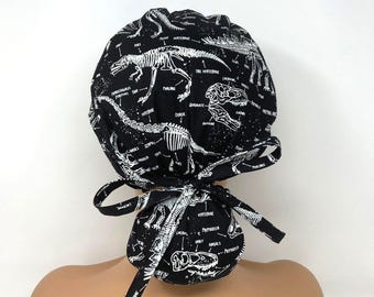 Ponytail Scrub Cap/ Scrub Hat - Dinosaur Skeletons *Glow-in-the-Dark* - Women Scrub Cap Surgical Hat - MimiScrubHats