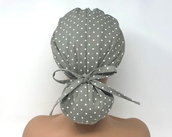 No Tariff (US/CA) - Ponytail Scrub Cap - Polka Dots on Grey  - Scrub Cap/Hat - MimiScrubHats