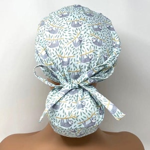 No Tariff (US/CA) - Ponytail Scrub Cap - Hanging Sloth on Leafy Green - Scrub Cap/Hat - MimiScrubHats