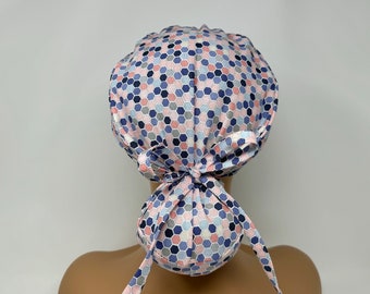 Ponytail Scrub Cap/ Scrub Hat - Hexagons - Peach - Women Scrub Cap Surgical Hat - MimiScrubHats