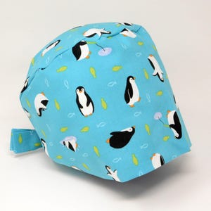 No Tariff (Us/Ca) - Scrub Cap - PENGUIN FISHING - AQUA - Cute Animal Pixie - MimiScrubHats