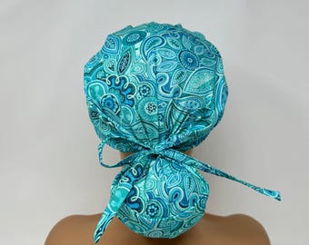 No Tariff (US/CA) - Ponytail Scrub Cap - Teal Leaves II *Silver Metallic Print* - Scrub Cap/Hat - MimiScrubHats
