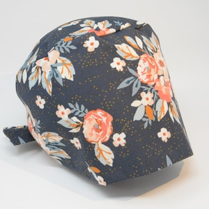 Scrub Cap/ Scrub Hat - Large Pink Floral on Grey - Pixie for Women - Preshrunk Cotton - Mimi Scrub Hats®