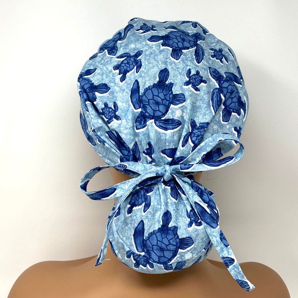 Ponytail Scrub Cap/ Scrub Hat - Sea Turtles - Women Scrub Cap Surgical Hat - MimiScrubHats