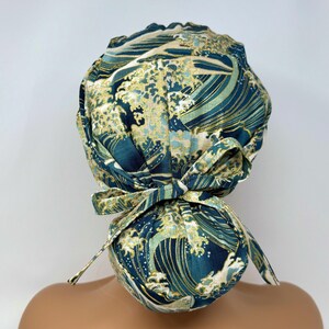 No Tariff (US/CA) - Metallic Gold Waves On Teal  - Cotton Dobby -Ponytail Scrub Cap/ Scrub Cap/Hat - MimiScrubHats