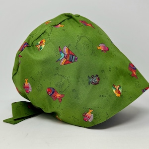 No Tariff (US/CA) - Fish On Olive - Gold Metallic Print - Cute Animal Pixie - MimiScrubHats