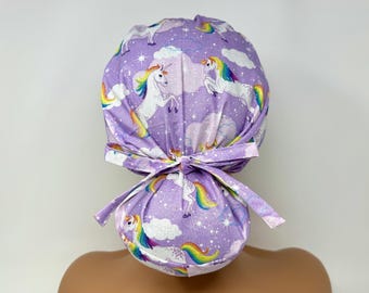 No Tariff (US/CA) - Ponytail Scrub Cap - Unicorn with Sparkles - Silver Metallic Print - Scrub Cap/Hat - MimiS