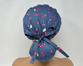 Ponytail Scrub Cap/ Scrub Hat - Cherries on Grey - Women Scrub Cap Surgical Hat - MimiScrubHats