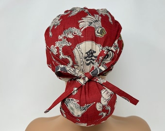 Ponytail Scrub Cap/ Scrub Hat - Animals Party On Burgundy *Cotton Dobby* - Women Scrub Cap Surgical Hat - MimiScrubHats