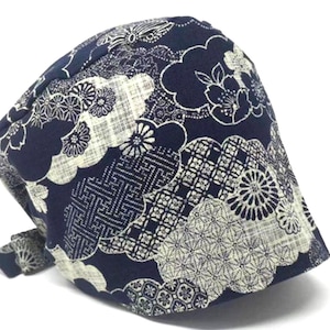 No Tariff (US/CA) - Scrub Cap - Clouds and Flowers - Indigo - Japanese Classic - MimiScrubHats