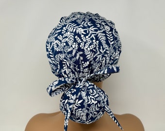 Ponytail Scrub Cap/ Scrub Hat - Fern Garden - Navy- Women Scrub Cap Surgical Hat - MimiScrubHats