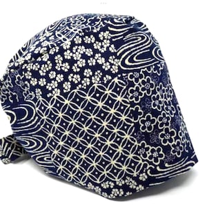 No Tariff (US/CA) - Scrub Cap - Floral and Waves on Indigo - Japanese Classic - MimiScrubHats