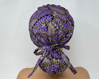 Ocean and Flowers On Purple  *Gold Metallic Print*-  Ponytail Scrub Cap/Women Scrub Cap Surgical Hat - MimiScrubHats