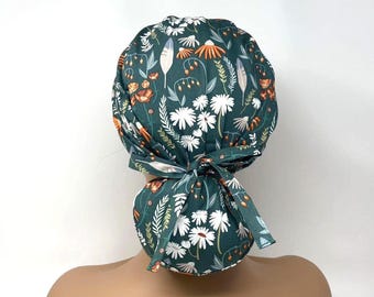 Ponytail Scrub Cap/ Scrub Hat - Floral and Feather - Women Scrub Cap Surgical Hat - MimiScrubHats