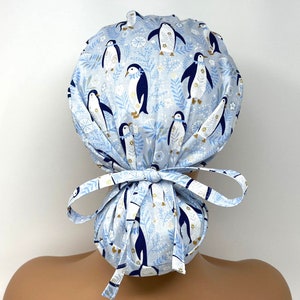 Ponytail Scrub Cap/ Scrub Hat - Artic Love with Penguins - Gold Metallic Print - Women Scrub Cap Surgical Hat - MimiScrubHats