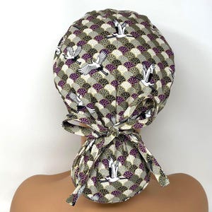 Classic Wavy Pattern with Cranes - Olive *Gold Metallic Print* -Ponytail Scrub Cap/ Scrub Cap/Hat - MimiScrubHats