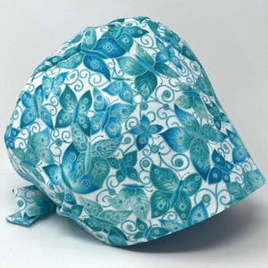 Scrub Cap - Teal Butterflies *Silver Metallic Print* - Floral Pixie for Women - MimiScrubHats
