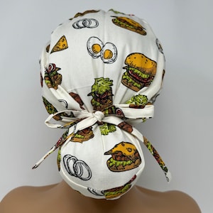 No Tariff (US/CA) - Ponytail Scrub Cap - Hamburgers -Cotton Oxford - Cream  - Scrub Cap/Hat - MimiS