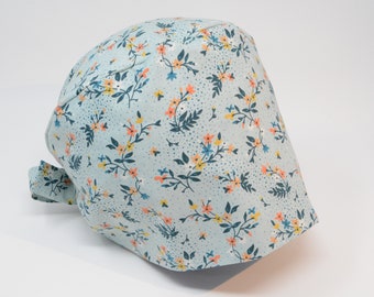 Scrub Cap/ Scrub Hat - Petite Colorful Flowers - Sky - Floral Pixie for Women - Women/Men Scrub Cap Surgical Hat - MimiScrubHats