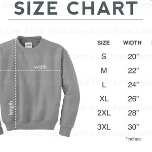 May include: Size chart for a grey sweatshirt with measurements in inches for width and length. The chart shows sizes S through 3XL with corresponding width and length measurements.