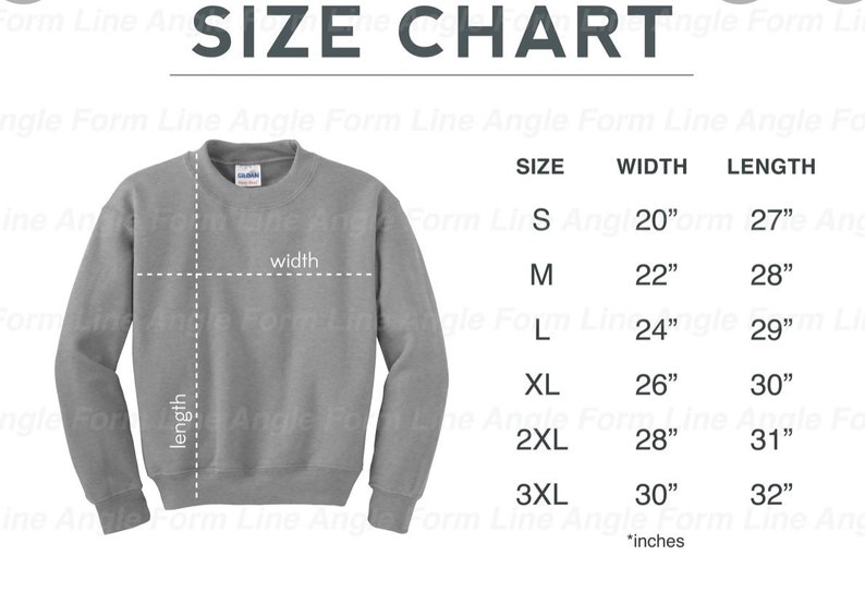 May include: Size chart for a grey sweatshirt with measurements in inches for width and length. The chart shows sizes S through 3XL with corresponding width and length measurements.