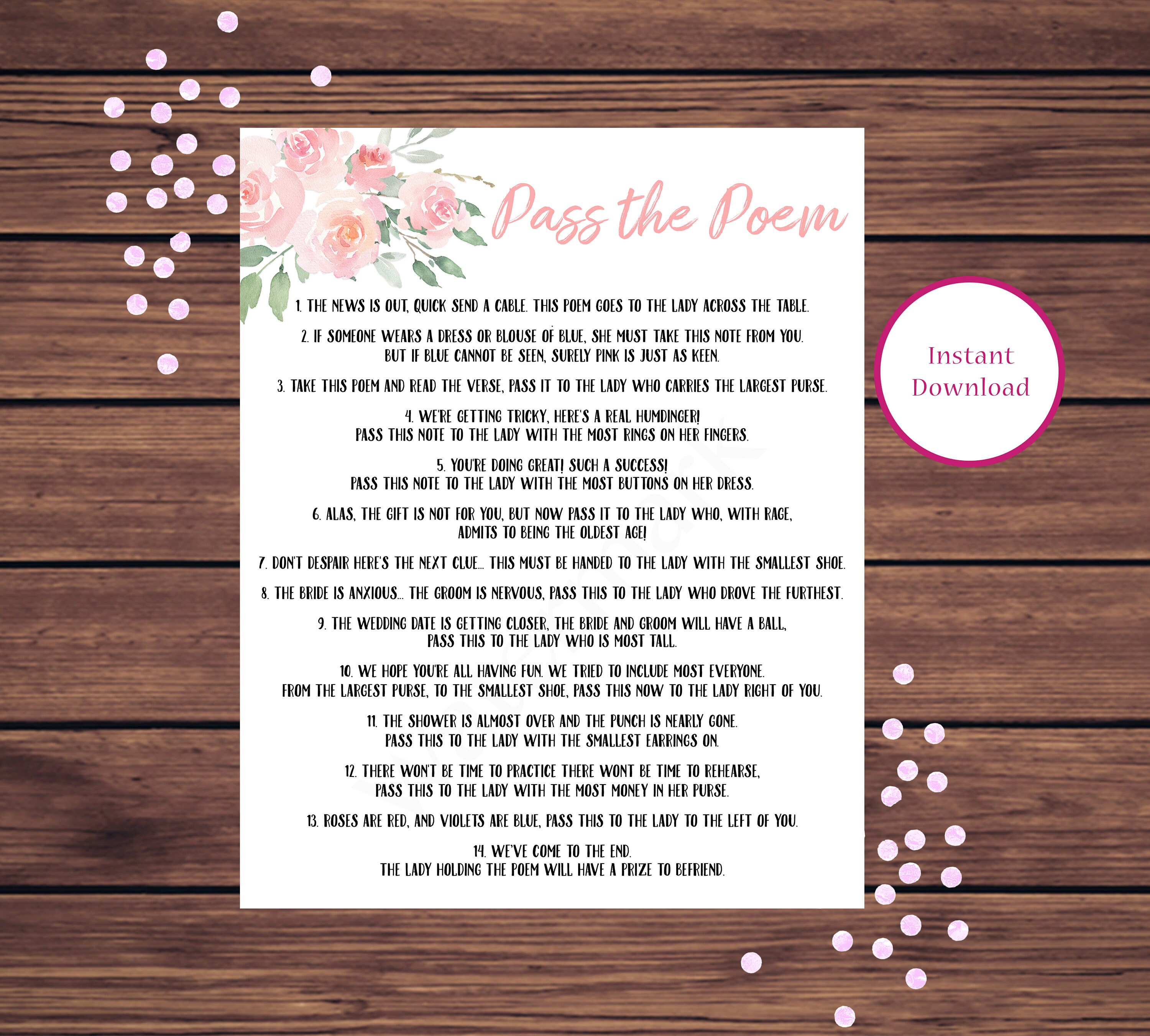 Pass the Poem Bridal Shower Game Pink Floral Pass the Poem Etsy