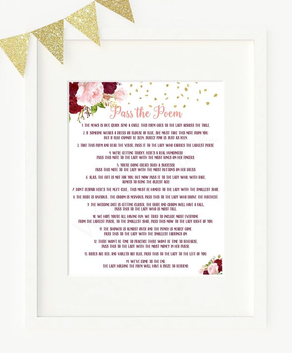 Pass The Poem Bridal Shower Game Burgundy And Pink Floral Etsy