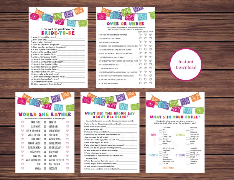 Bridal Shower Games Package Fiesta Bridal Shower Game Bundle Etsy