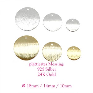 Könnte beinhalten: Drei runde Metallscheiben in verschiedenen Größen, 18 mm, 14 mm und 10 mm. Die Scheiben sind gebürstet in Silber, Gold und einer Kombination aus gebürstetem Silber und Gold. Der Text auf dem Bild lautet "plattieretes Messing: 925 Silber 24K Gold Ø 18mm / 14mm / 10mm"