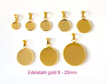 Anhänger Fassung Edelstahl Gold mit Collierschlaufe ab 8mm, Anhänger Rohling, Cabochonfassung, Edelstahl, Anhänger Cabochon