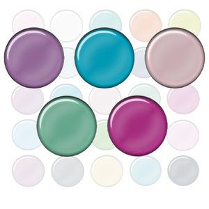 Könnte beinhalten: Eine Anordnung von glänzenden, runden Objekten in verschiedenen Farben, darunter Lila, Türkis, Rosa, Grün und Magenta. Sie sind auf einem weißen Hintergrund angeordnet, mit kleineren, helleren Kreisen. Das Design wirkt lebendig und verspielt.