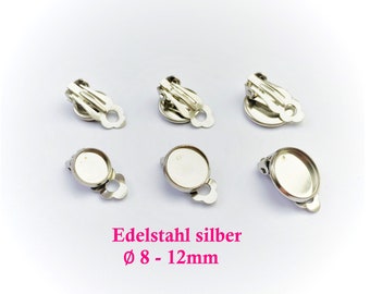 10 x silberne Edelstahl Ohrclips mit Fassung 8 - 12mm (Auswahl) Clipse, Ohrclipse, Ohrring ohne Loch, kein Ohrloch, Cabochonfassung, Rohling