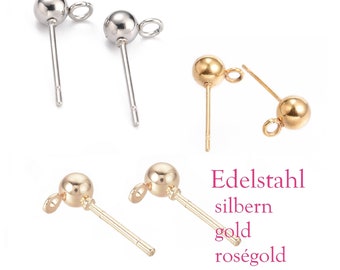 10 x Edelstahl Ohrstecker mit Kugel und Öse / silbern - roségold - 24 Karat gold plattiert (Auswahl), inkl. Edelstahl Ohrstopper