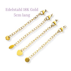 Könnte beinhalten: Vier goldfarbene Verlängerungsketten mit verschiedenen Endstücken, darunter ein Herz, ein Kreis, ein Blatt und eine runde Scheibe. Jede Kette ist 5 cm lang und aus Edelstahl mit 18 Karat Goldbeschichtung.  Edelstahl 18K Gold 5cm lang.